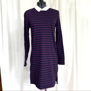 Blue Red Striped Long Sleeve White Dress
